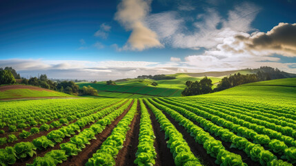 Growing lettuce in rows in a field on a sunny day. Generative AI - obrazy, fototapety, plakaty