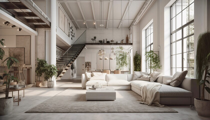 Plakat Loft interior design of modern living room. Created with generative Ai technology.