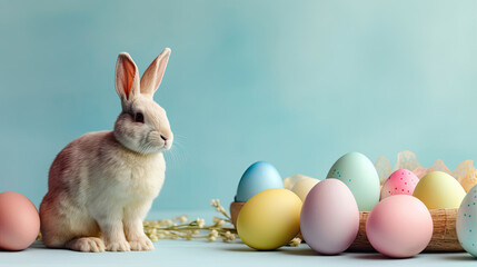 Fototapeta na wymiar Spring into Festive Fun: Celebrating Easter with Adorable Bunnies and Colorful Eggs. Generative AI illustration.