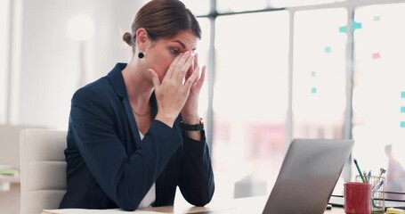 Stress, laptop and business woman in office with problem, mistake and glitch or error on computer at desk. Burnout, corporate and female worker with headache, frustrated and depression in workplace - Powered by Adobe