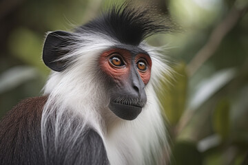 Fototapeta premium Portrait of Abyssinian Black-and-White Colobus Monkey, beautiful African primate.