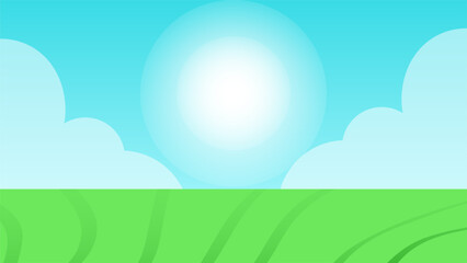 Fototapeta na wymiar Green Land Grass Blue Sky and Cloud Soft White Sunshine Bright Day Environment Background BG