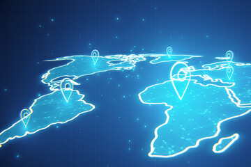 glowing map with location pins on blurry blue wallpaper. GPS and navigation concept. 3D Rendering.
