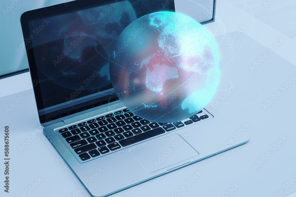 Poster Close up of laptop computer with glowing globe and connection lines on office desktop. Digital world and technology concept. 3D Rendering.