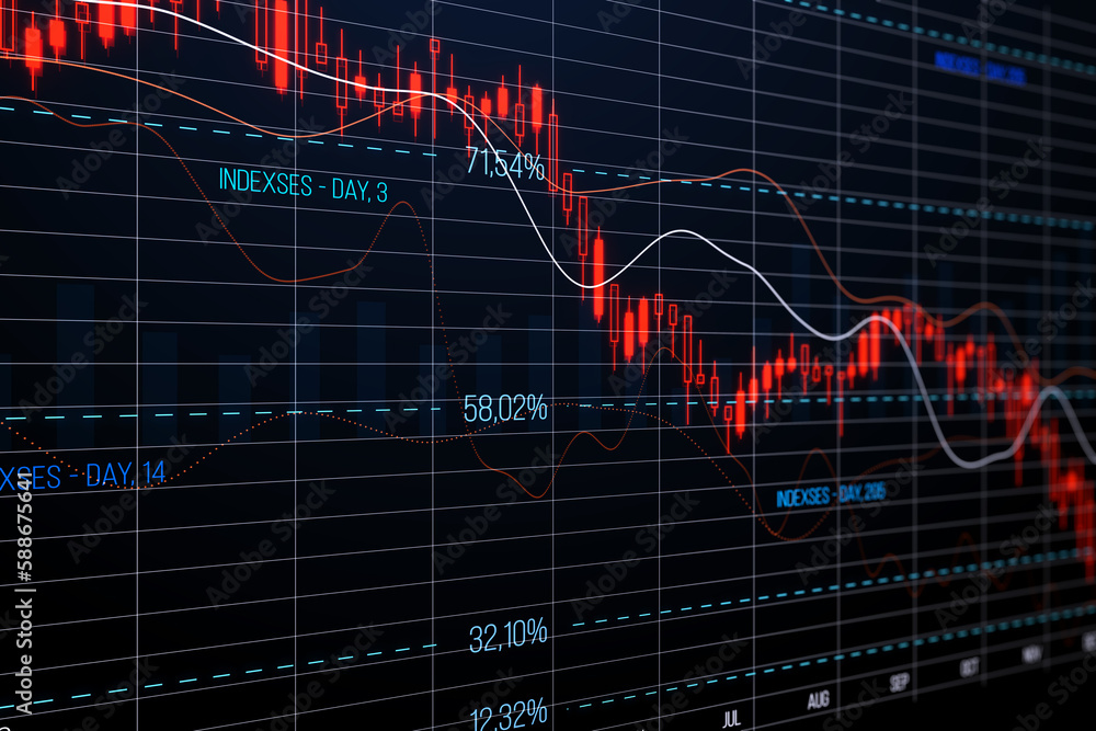 Poster falling red crisis forex chart on dark background. recession, trade and downfall concept. 3d renderi