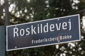 Copenhagen, Denmark A street sign for Roskildevej, a main artery through the city.