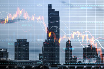 Naklejka na ściany i meble Abstract falling red crisis forex chart grid on blurry city view wallpaper. Recession, trade and downfall concept. Double exposure.