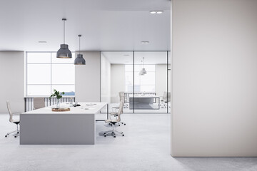 Modern concrete coworking office interior with blank white mock up place on wall, furniture, equipment and window with city view. Loft office designs. 3D Rendering.