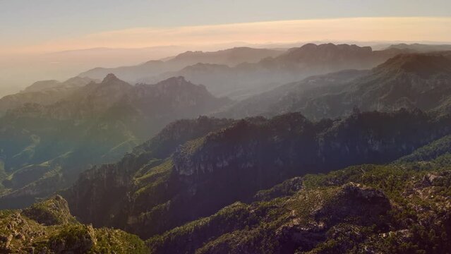 aerial hazy mountain ridges in Catalunya Catalonia Parc Natural dels Ports