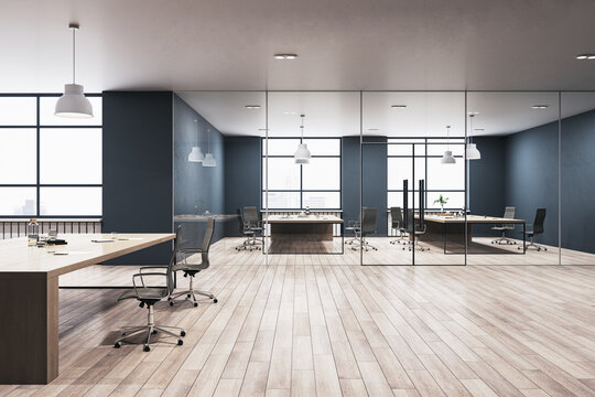 Clean concrete coworking office interior with wooden flooring, furniture, equipment and window with city view. Loft office designs. 3D Rendering.