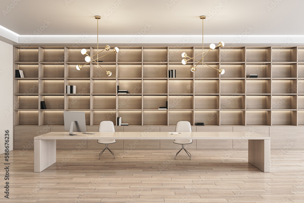 Poster new wooden office interior with bookshelf and desktop with equipment. 3d rendering.