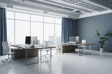 Fototapeta na wymiar Modern coworking office interior with panoramic window and city view, blue curtains, furniture and decorative items. 3D Rendering.