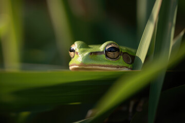 The European tree frog (Hyla arborea) sitting among the leaves of a green cattail