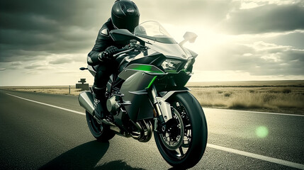 Full Camera Shot of a Green Kawasaki Ninja H2R, Generative AI