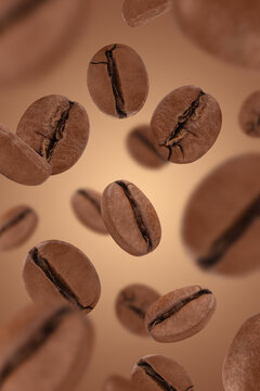 Levitation of coffee beans on a brown background.