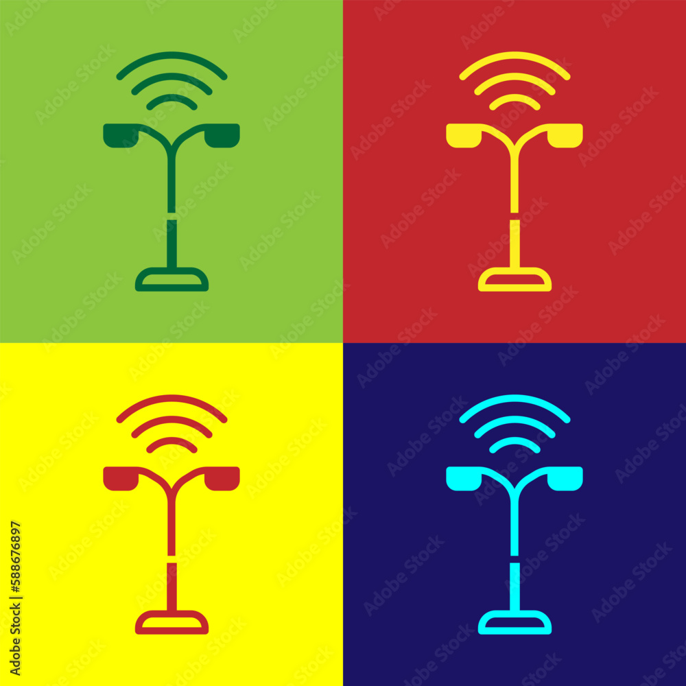 Poster pop art smart street light system icon isolated on color background. internet of things concept with