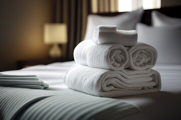 Folded Stack of Fresh White Towels On Hotel Room Bed Generative AI