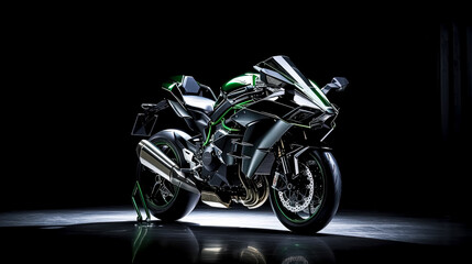 Full Camera Shot of a Black and Green Kawasaki Ninja H2R, Generative AI