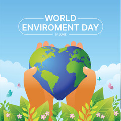 World Environment Day - Hands hold earth world with heart shape and green leaves, flowers, butterflys around on blue sky background vector design