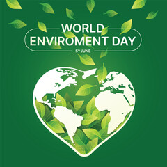 World Environment Day - Green leaf falling in to earth world with heart shape on green background vector design