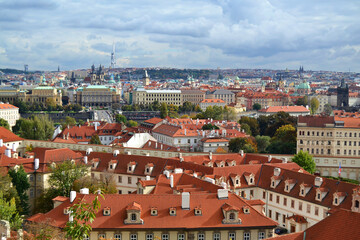 Fototapeta na wymiar Red roofs of old Prague. Autumn season. Vyšehrad, Czech Republic
