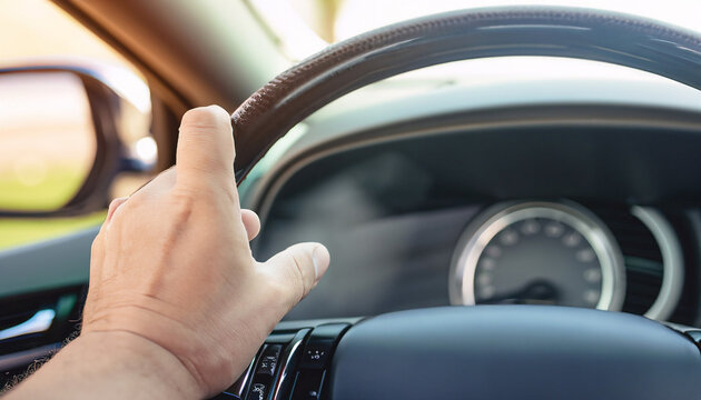 A steering wheel and hands. Place for text. Blurred background.