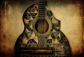 Acoustic guitar background with an abstract vintage distressed texture which is a musical instrument used in blues, rock, jazz and classical music, computer Generative AI stock illustration image
