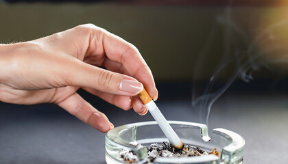 Fingers holding a cigarette with an ashtray. Place for text.