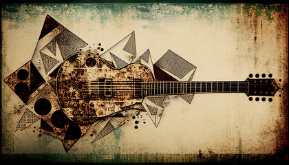 Electric guitar background with an abstract vintage distressed texture which is a musical instrument used in blues, rock, jazz and classical music, computer Generative AI stock illustration image