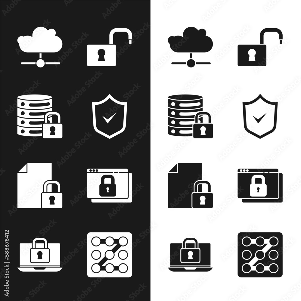 Poster set shield with check mark, server security lock, network cloud connection, open padlock, document a
