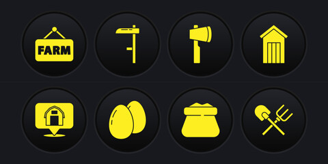 Set Location farm house, Wooden outdoor toilet, Chicken egg, Full sack, axe, Scythe, Shovel and rake and Signboard with text Farm icon. Vector