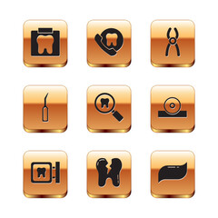 Set X-ray of tooth, Dental clinic location, Broken, search, explorer scaler, pliers, Toothpaste and Online dental care icon. Vector