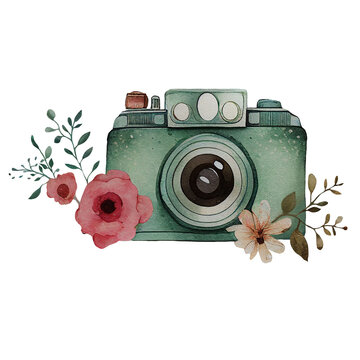 Watercolor Retro Cameras Clipart Vintage floral Shabby Cameras PNG isolated on white background. AI Generative.