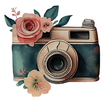 Watercolor Retro Cameras Clipart Vintage floral Shabby Cameras PNG isolated on white background. AI Generative.