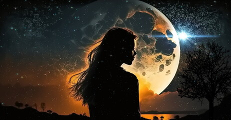 woman silhouette on front starry sky cosmic nebula universe esoteric  background concept generated ai 