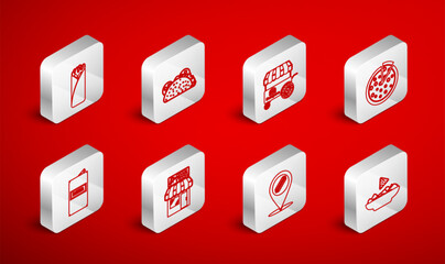 Set line Nachos in plate, Taco with tortilla, Fast street food cart, Pizza, Location hotdog, Burrito, Pizzeria building facade and Beer can icon. Vector