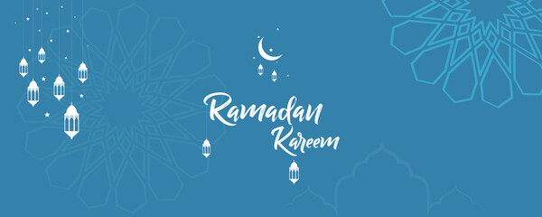 Flat Ramadan Kareem banner with lanterns.