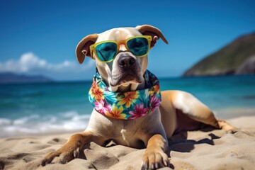 Fototapeta na wymiar Sunglass-Wearing Dog Lounging on Beach in Hawaiian Shirt