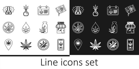 Set line Online buying marijuana, Marijuana and cannabis store, Calendar, leaf oil, Stop, Test tube with, and icon. Vector