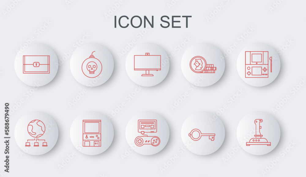 Poster set line joystick for arcade machine, computer network, monitor, ancient key game, chest, bomb ready