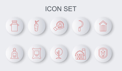 Set line Shield corn, Full sack, Farm house in hand, Can container for milk, Carrot, Fertilizer bag and Tree icon. Vector