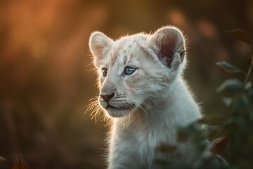 Naklejka premium Portrait of a beautiful cute white lion cub