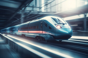 Obraz na płótnie Canvas A futuristic looking train that moves through the urban landscape in elegant shades of blue with a touch of red, Generative AI