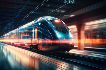 Fototapeta premium A futuristic looking train that moves through the urban landscape in elegant shades of blue with a touch of red, Generative AI