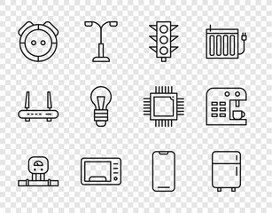 Set line Smart sensor, Refrigerator, Traffic light, Microwave oven, Robot vacuum cleaner, Light bulb, Smartphone and Coffee machine icon. Vector