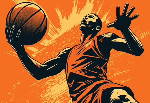 illustration shows a basketball player in action, throwing a ball toward the hoop.