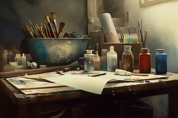 Fototapeta na wymiar Watercolor Wonderland: A Colorful Creative Workspace