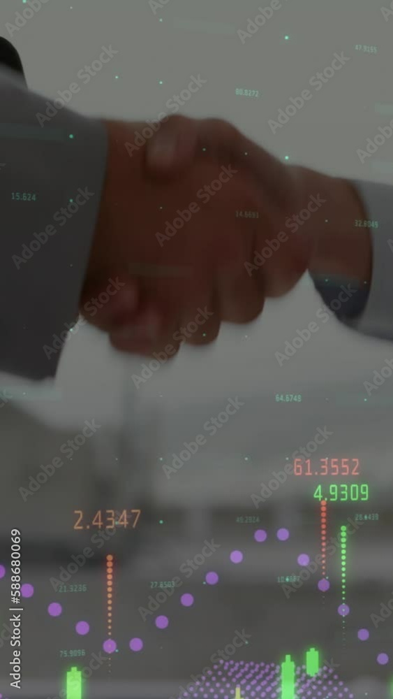 Poster animation of digital interface and financial data processing over business people