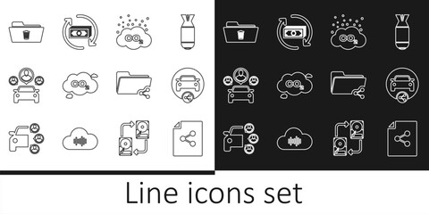 Set line Share file, Car sharing, CO2 emissions cloud, Delete folder, and Refund money icon. Vector