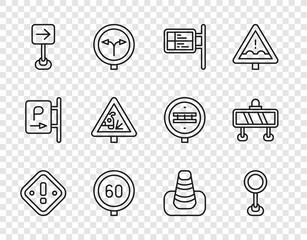 Set line Exclamation mark in triangle, Road traffic sign, ublic transport board, Speed limit, Traffic turn right, Warning road, cone and barrier icon. Vector